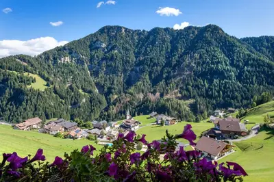 a village in the mountains with purple flowers at Agriturismo Apartments Tuene in Ortisei