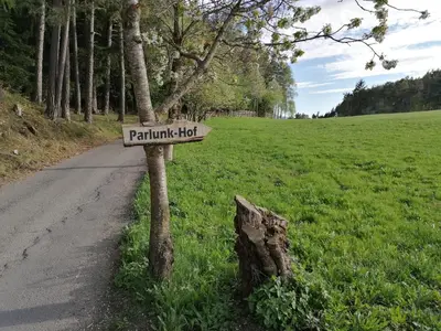 a sign on a tree next to a road at Parlunkhof in Castelrotto