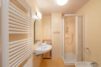a white bathroom with a shower and a sink at Haus Piger in Termeno