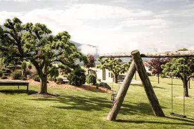a swing set in a park with mountains in the background at Hotel Nussbaumerhof *** in Rodengo