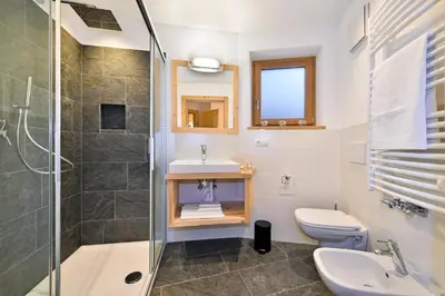 a bathroom with a shower and a sink and a toilet at Ban Rutzner in SantʼAndrea in Monte