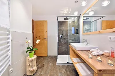 a bathroom with a sink and a shower at Ban Rutzner in SantʼAndrea in Monte