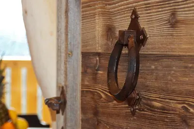 a wooden door with a metal handle on it at Ban Rutzner in SantʼAndrea in Monte
