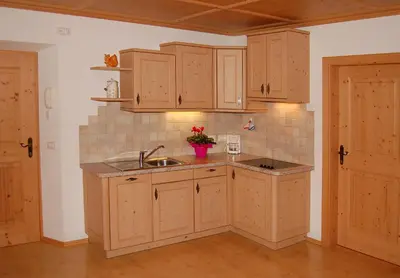 a kitchen with wooden cabinets and a sink at Vilahof in San Vigilio Di Marebbe