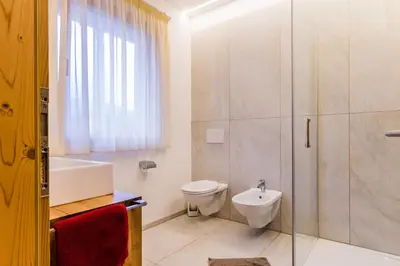 a bathroom with a shower and a toilet and a sink at Praitladhof in Lana
