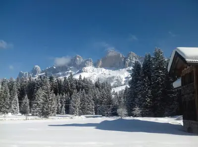 a snow covered mountain with trees and a building at Haus Claudia B&B in Nova Levante