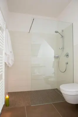 a bathroom with a shower with a toilet and a candle at Ferienwohnungen Hochbrunner in Terlano