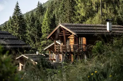 a log cabin in the mountains with trees at Valsegg Chalets Südtirol - luxury and private hideaway in Valles