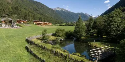 a farm with a pond in a field with cows at Valsegg Chalets Südtirol - luxury and private hideaway in Valles