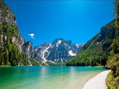 a view of a mountain lake in the mountains at Appartement Huber in Brunico