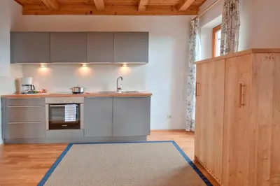 a kitchen with stainless steel appliances and a wooden cabinet at Landhaus Lina in Caldaro