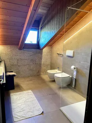 a bathroom with a toilet and a sink and a tub at Landhaus Lina in Caldaro
