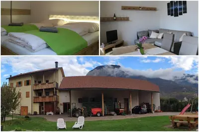 two pictures of a house with a mountain in the background at Ferienhof Weingenuss in Cortina Sulla Strada Del Vino