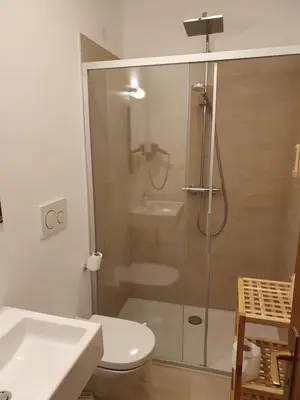 a bathroom with a shower and a toilet and a sink at Das Sonnenheim in Marlengo