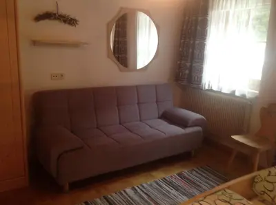 a living room with a couch and a mirror at Ciasa Orzun in San Vigilio Di Marebbe