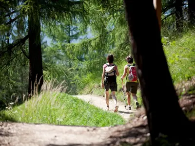 two people walking down a trail in the woods at B&B Aretia in Santa Cristina in Val Gardena