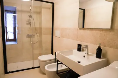 a bathroom with a sink and a toilet and a shower at COL DE RIF Appartamento Storico nelle Dolomiti in Falcade