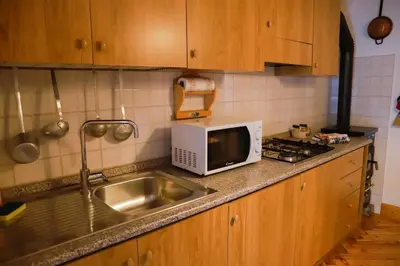 a kitchen with a sink and a microwave at COL DE RIF Piccolo Appartamento Storico Dolomiti in Falcade