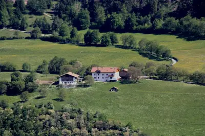 an aerial view of a house in a green field at Niederhof in Parcines