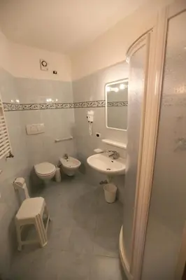 a bathroom with a sink and a toilet and a mirror at Appartamenti Arnica in Alba di Canazei
