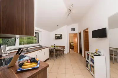 a kitchen with a sink and a counter with a bowl of fruit at Weingut Morandell in Caldaro