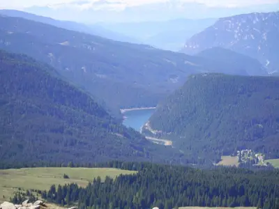 a view of a valley of trees and a lake at Casa Angela in Predazzo
