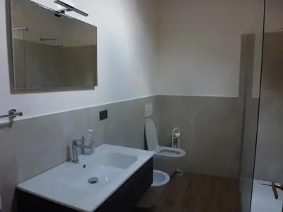 a bathroom with a sink and a toilet and a mirror at Casa Angela in Predazzo