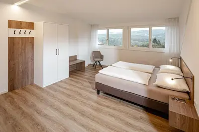 a bedroom with a bed and a desk and a chair at Prälatenhof Wine & Apartments in Caldaro