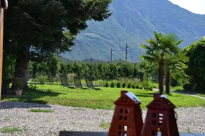 a view of a park with chairs and a mountain at Burggräflerhof in Lana