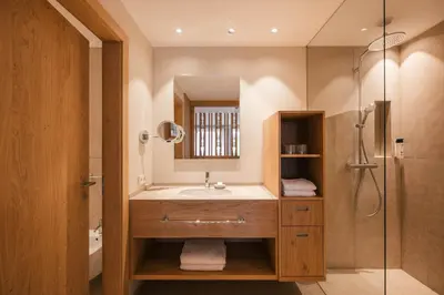 a bathroom with wooden walls and a glass wall at Boutique Hotel Pachers in Bressanone