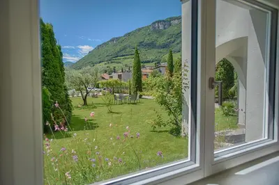 a window with a view of a garden at FELDHOF - Agri-apartment-suites in Termeno