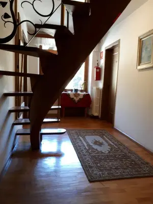 a hallway with a staircase and a rug on the floor at Hotel Fiames in Cortina dʼAmpezzo