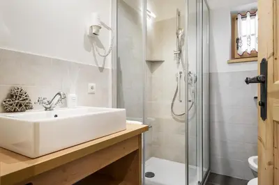 a bathroom with a sink and a shower at Pradel Dolomites in San Martino in Badia