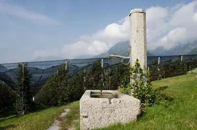 a stone pillar in a field with a fence at Hammele Appartements in Schenna