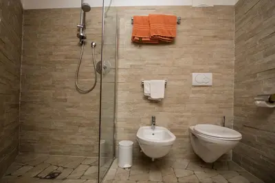 a bathroom with a toilet and a glass shower at Villa Schmalzl in Ortisei