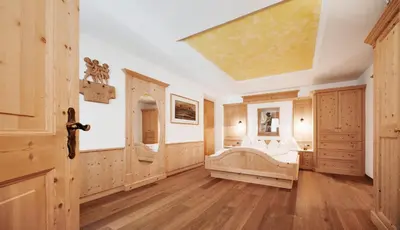 a bedroom with a large skylight and wooden walls at Villa Schmalzl in Ortisei