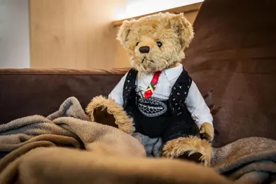 a teddy bear wearing a vest and tie sitting on a couch at Natur Luch Sossach in La Villa