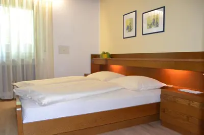 a bedroom with a large bed with a wooden headboard at Haus Marion in Appiano sulla Strada del Vino