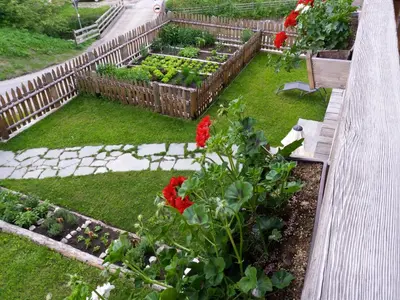 a garden with red flowers and a wooden bench at Bruggerhof Prags in Braies