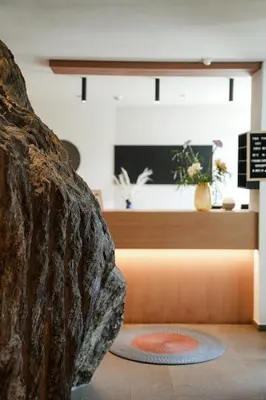 a lobby with a large rock in the foreground at Paloria Apartments & Sport in Lagundo