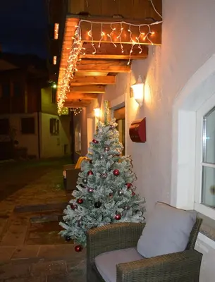 a christmas tree on the side of a building at Hotel Nès Crépes in Pozza di Fassa