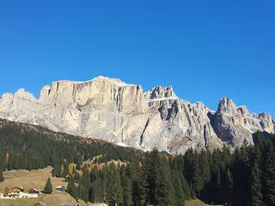 a large mountain with trees in front of it at Apartment Ornella-2 by Interhome in Santa Cristina in Val Gardena