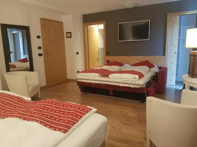 a bedroom with two beds and a tv on the wall at Ciasa Alpina Relax Hotel in Moena