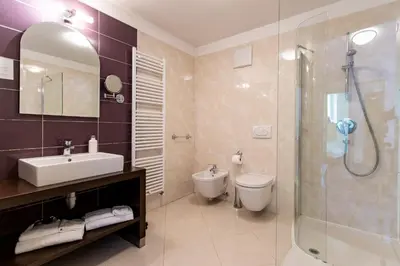 a bathroom with a toilet and a sink and a shower at Ciasa Alpina Relax Hotel in Moena