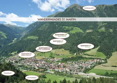 a map of a village in the mountains at Martinerhof's Brauhotel in San Martino