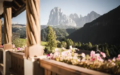 a view of a mountain from a balcony with flowers at Hotel Ansitz Jakoberhof in Ortisei