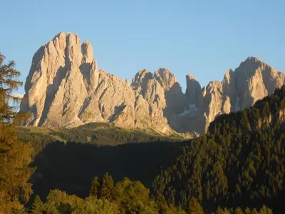 a mountain range with trees in front of it at Hotel Ansitz Jakoberhof in Ortisei