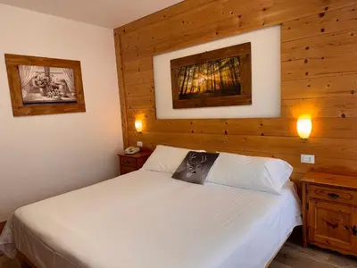 a bedroom with a white bed and wooden walls at Albergo Scoiattolo in Falcade
