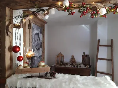a cat sitting on a table in front of a christmas tree at Majon de la nona in Pozza di Fassa