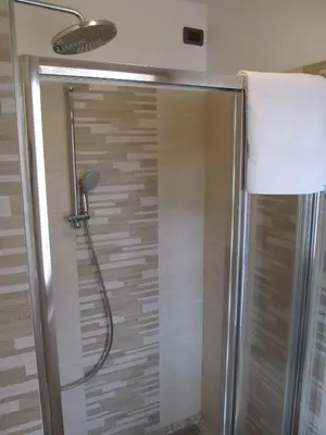 a shower in a bathroom with a shower head at Berg Hotel Latemar Spitze in Vigo di Fassa